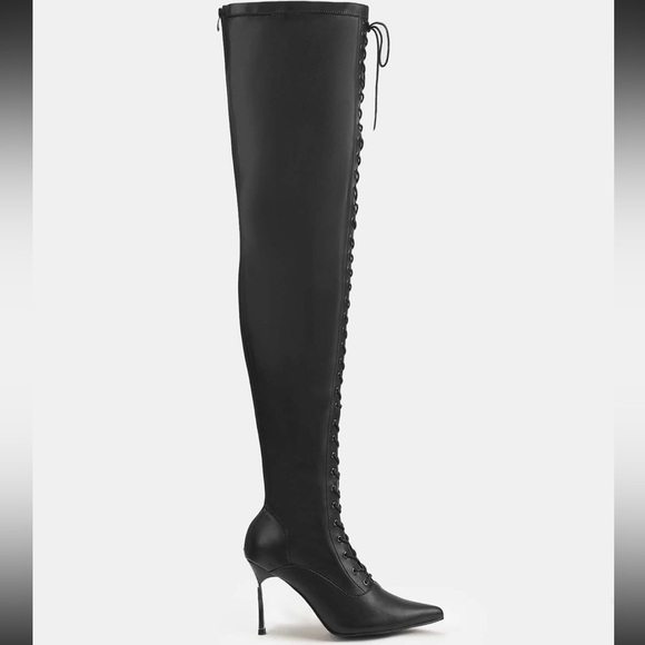 🔵 CUCCOO Faux Leather Point Toe Lace-Up Front Thigh High Boot Sz 7.5 - Picture 2 of 9